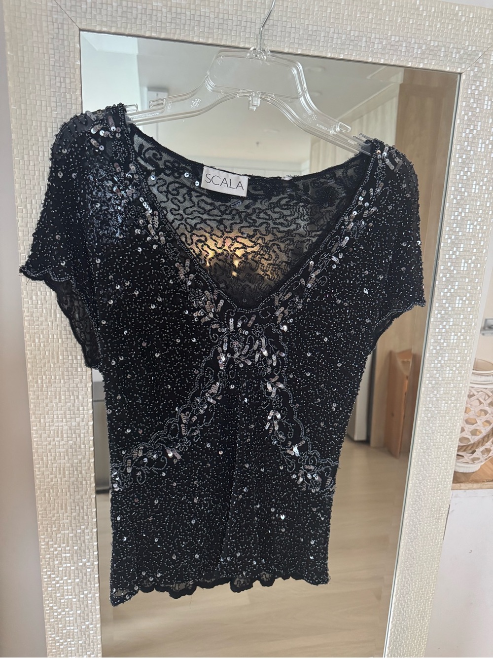 Scala Black Beaded and Sequined V-Neck Top